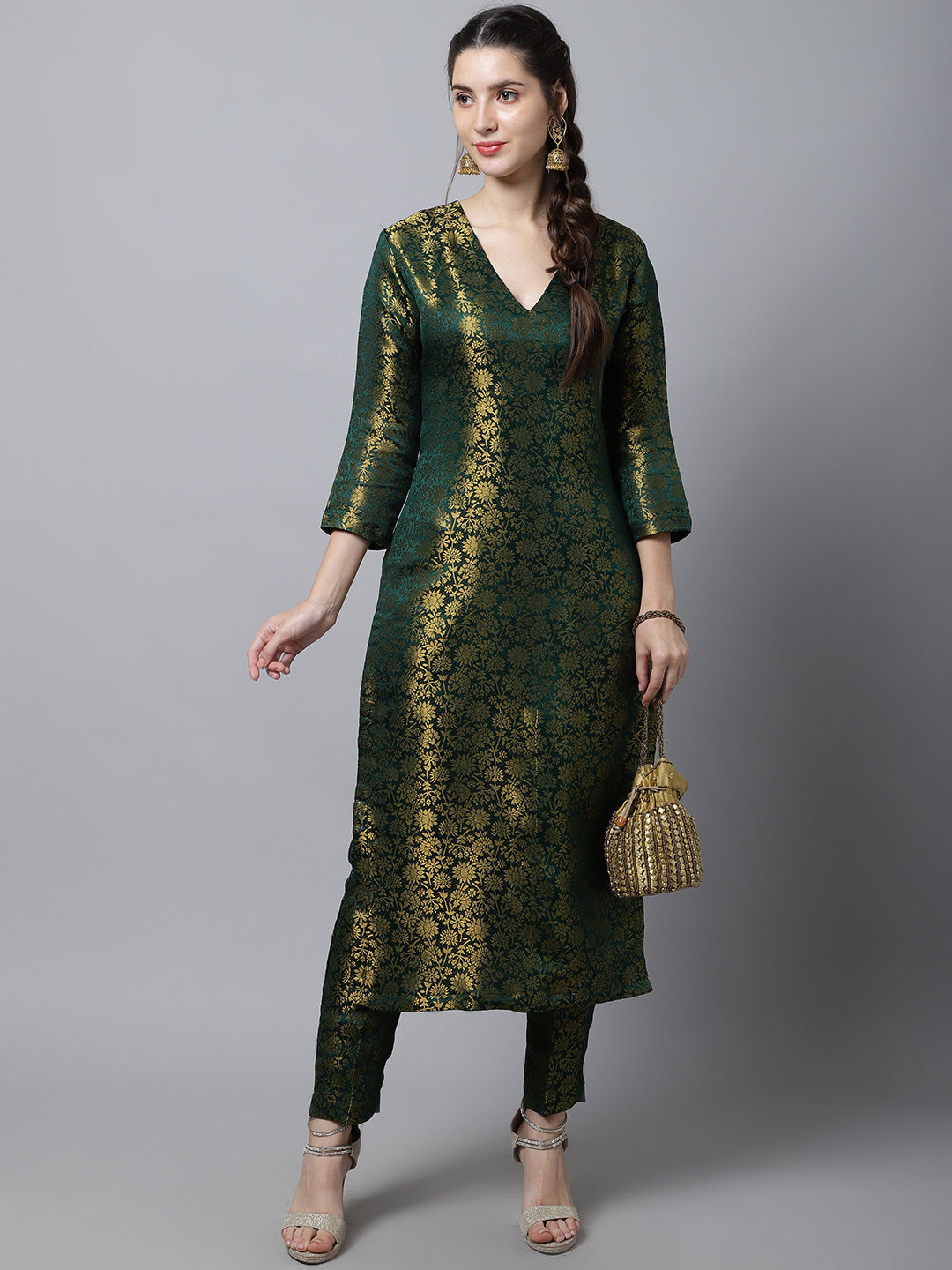 Color Blocked Rayon Kurti in Dark Green and Turquoise : TVE740